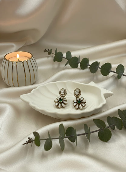 Victorian Gold Plated Polki Stud Earrings with Floral Drop