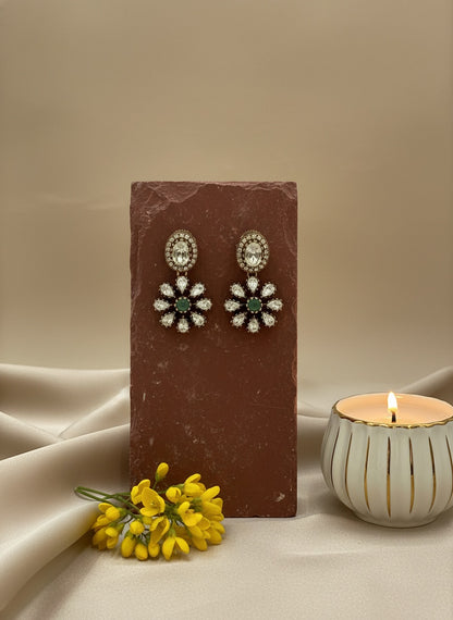Victorian Gold Plated Polki Stud Earrings with Floral Drop for Women