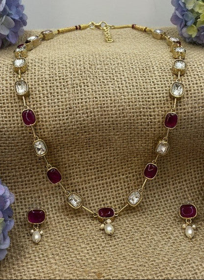 Gold Plated Crystal Stone and Beads Long Necklace Set for Women