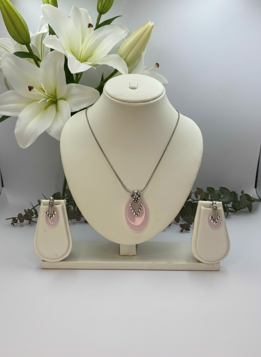 Silver Oxidized Ethnic Chain Necklace set in oval design pattern