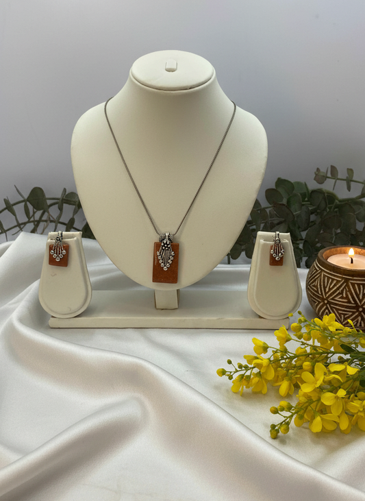 Silver Oxidized Ethnic Chain Necklace Set in geometric pattern