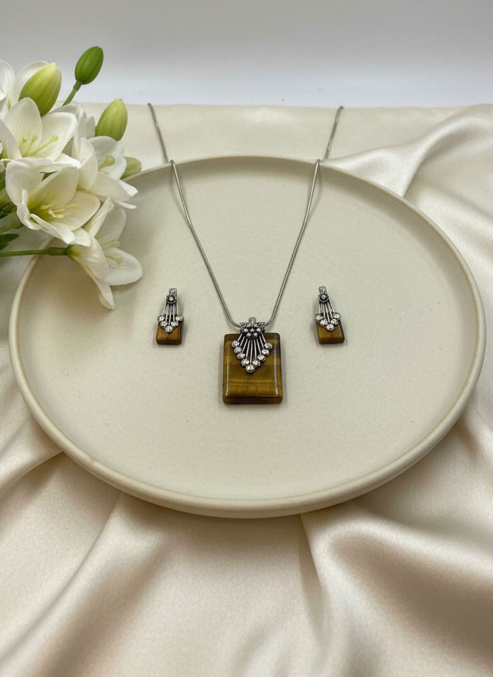 Silver Oxidized Ethnic Chain Necklace Set in geometric pattern