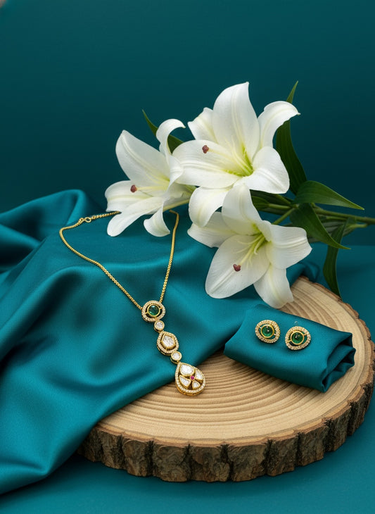 Gold Plated Polki Kundan Necklace Chain Set for Women